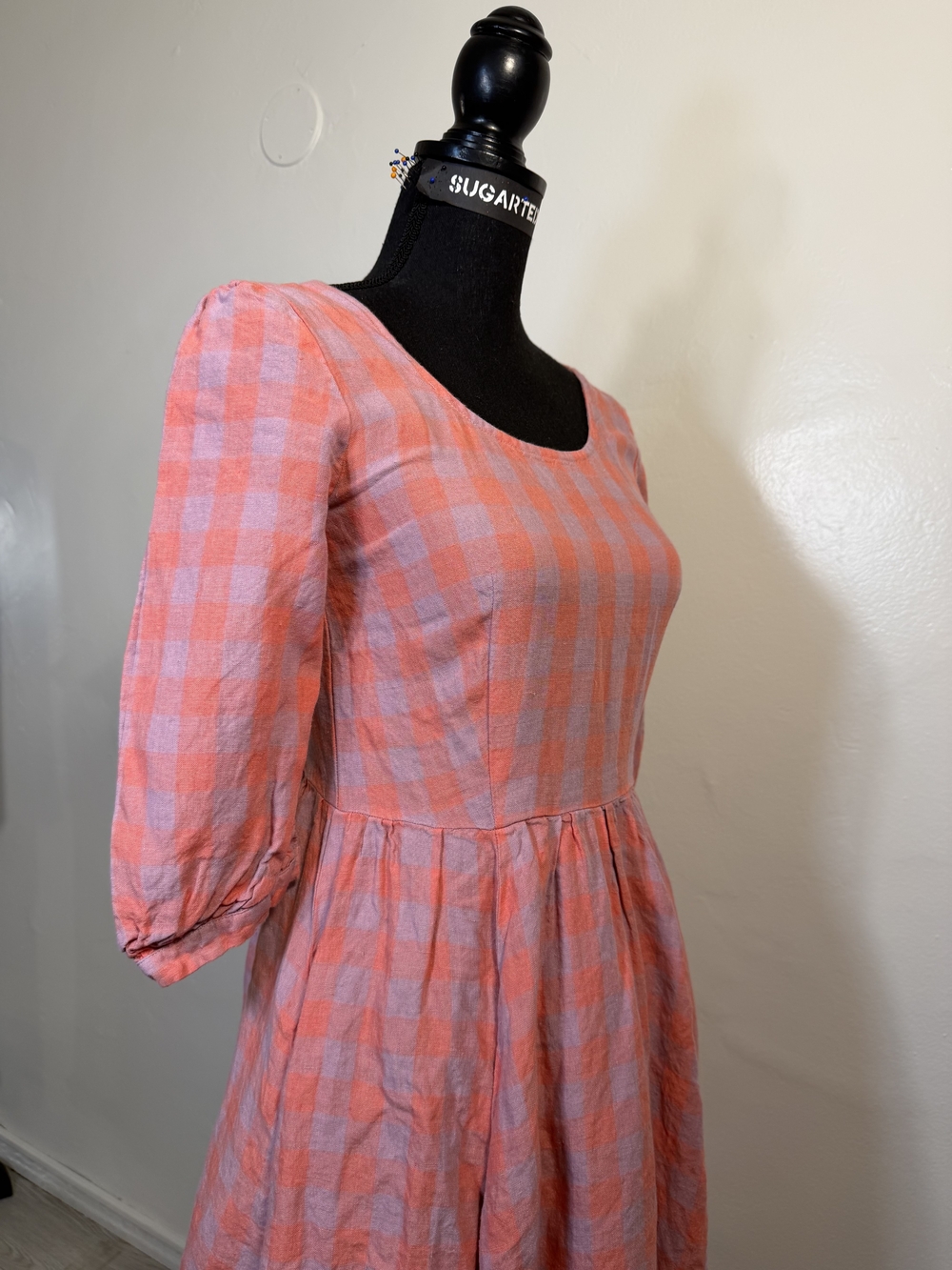 Women's Pink Gingham Check Midi Dress -3/4 Sleeved Ruffled Hem - Picture 6 of 11